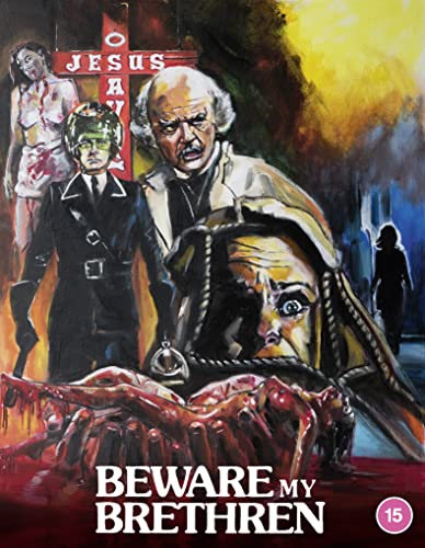 Horror film cover with figures near a cross and disturbing imagery.