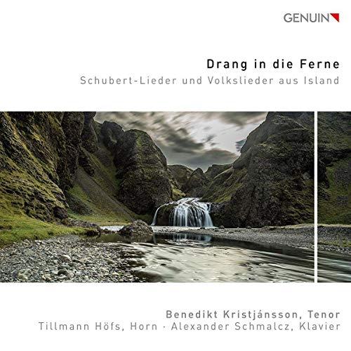 CD cover: Icelandic landscape with waterfall, text “Drang in die Ferne.”