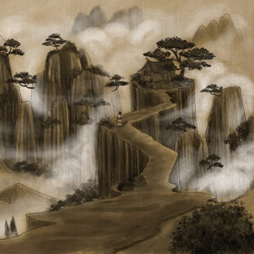 Ink wash painting of mountains, trees, a path, and a lone figure.