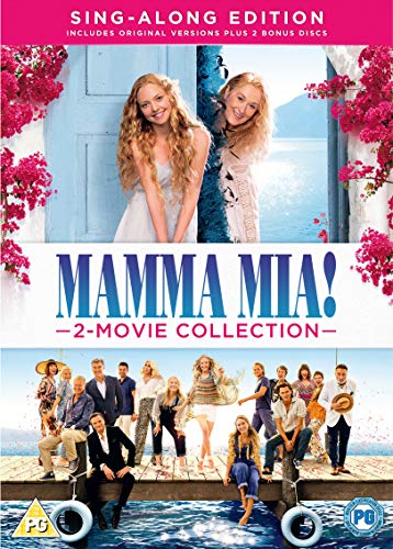 Mamma Mia!" 2-movie DVD collection cover with cast and bougainvillea.