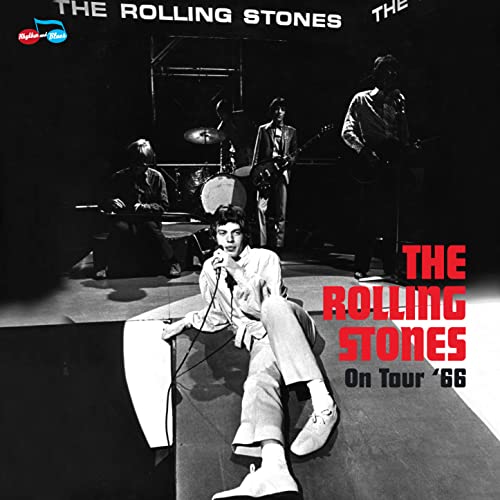 Black and white album cover of The Rolling Stones performing onstage.