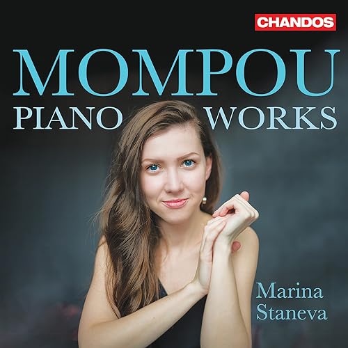 CD cover featuring pianist Marina Staneva, with text “Mompou Piano Works”.