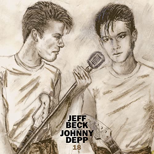 Sketch of Jeff Beck and Johnny Depp with a vintage microphone.