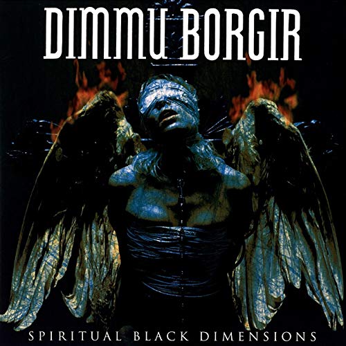 Dimmu Borgir album cover: winged figure with bound eyes, fiery background.