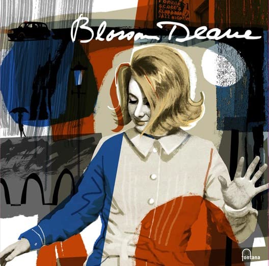 Stylized illustration of Blossom Dearie against a colorful, abstract London-themed background.