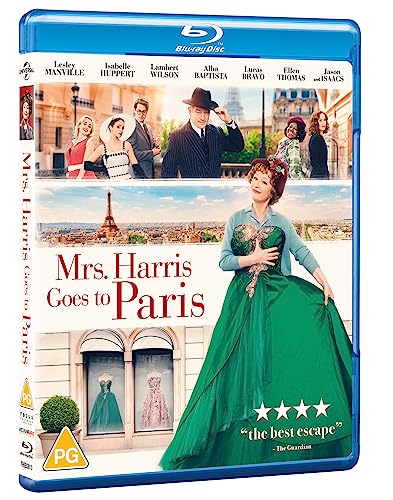 Blu-ray cover for Mrs. Harris Goes to Paris featuring a woman in a gown.