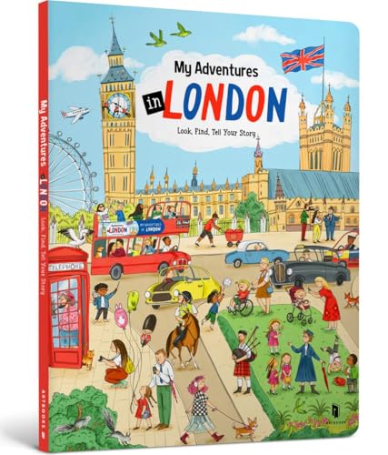 Children’s book cover depicting busy London landmarks and illustrated people.