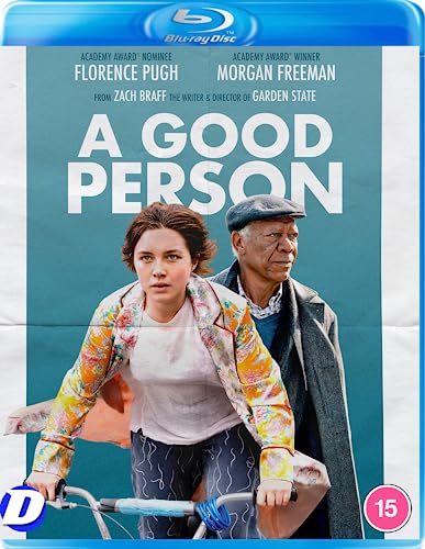 Blu-ray cover for A Good Person featuring Florence Pugh and Morgan Freeman on bicycles.