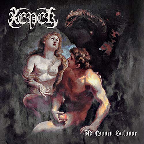 Dark painting of figures and a demonic creature, album cover art.