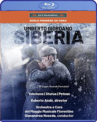 Blu-ray cover for Giordano’s “Siberia” opera, featuring a couple embracing.