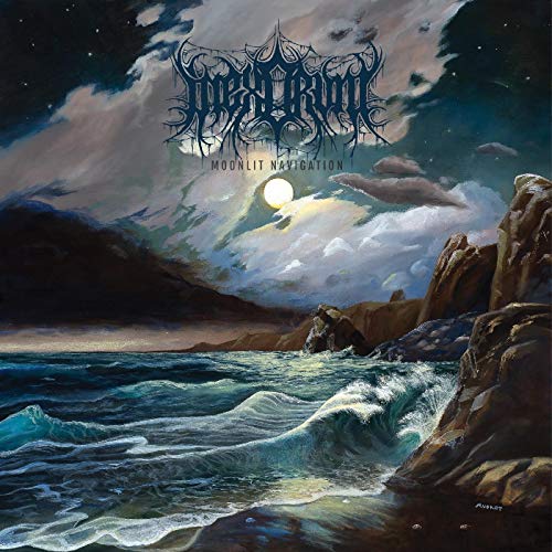 Painted album cover: ocean waves, rocky shore, moon, and band logo.