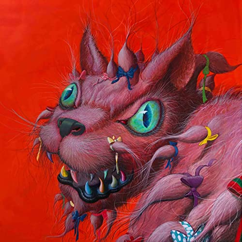 Red painting of a monstrous, pink cat with large, bright eyes.