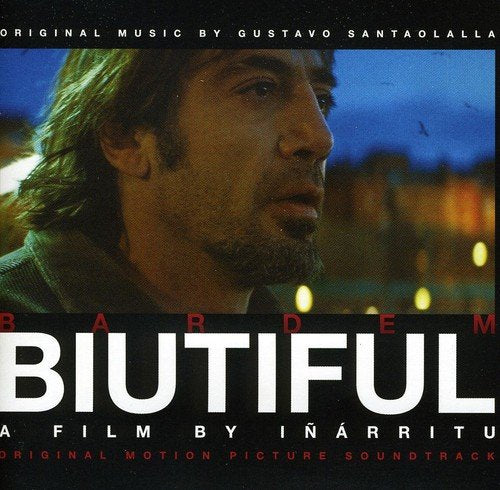 CD cover for “Biutiful” soundtrack by Gustavo Santaolalla, featuring a man’s face.