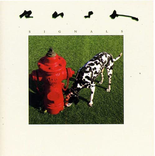 A dalmatian dog stands next to a red fire hydrant on green grass.