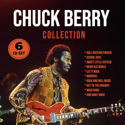 Chuck Berry playing a red electric guitar on a 6 CD set album cover.