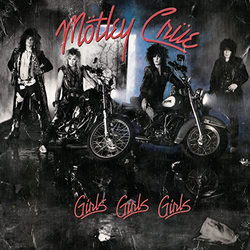 Mötley Crüe album cover featuring band members with motorcycles.