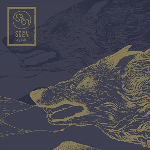 Gold line art of a wolf’s head against a dark blue background.