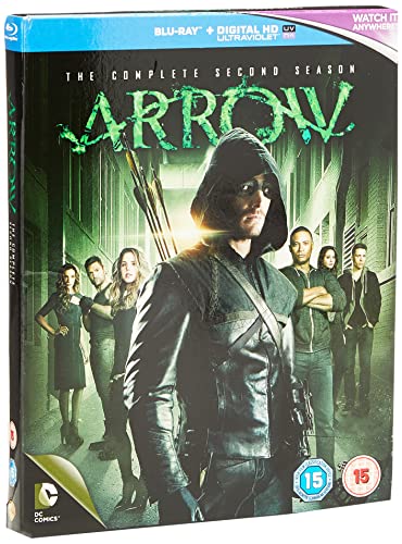Blu-ray case for Arrow Season 2 with green-tinted superhero and supporting cast image.