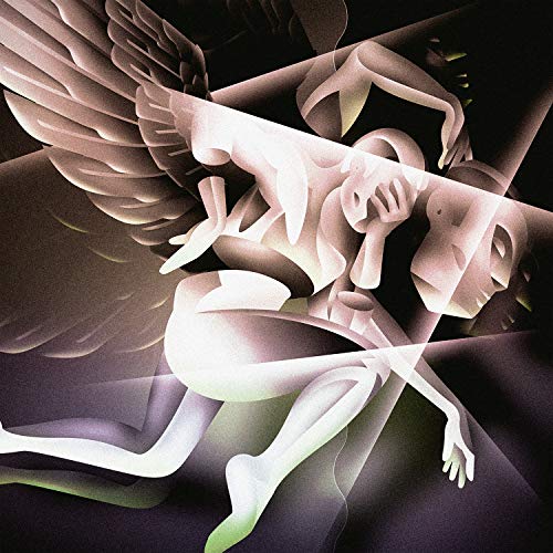 Stylized illustration of a winged figure with geometric shading against a dark background.
