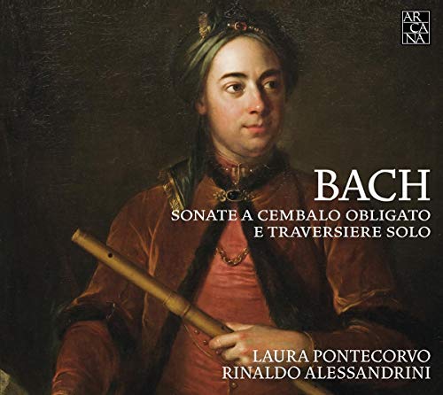 CD cover featuring a portrait of a man with a flute, text “Bach”.