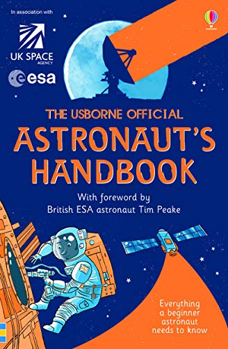 Book cover: "The Usborne Official Astronaut's Handbook" with astronaut illustration.