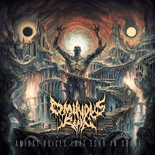 Dark fantasy album cover with a towering, monstrous figure and ruined city.