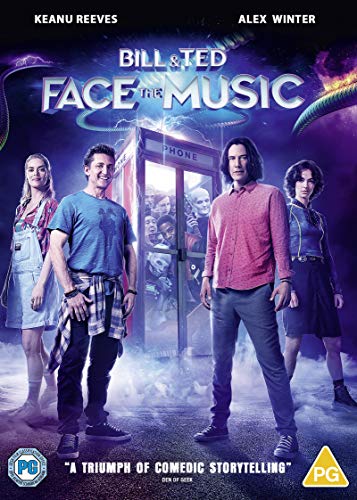 DVD cover for "Bill & Ted Face The Music" featuring the main cast.