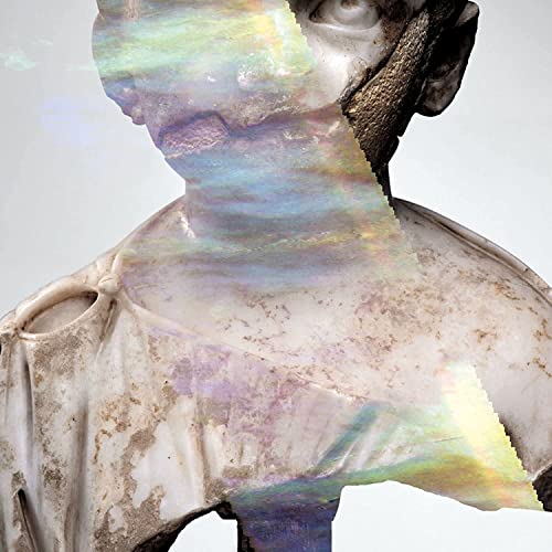 Bust sculpture with iridescent, fractured overlay; album cover art.