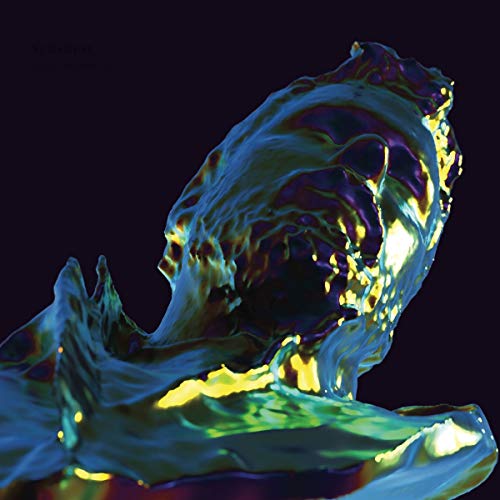 Abstract iridescent fluid form against a dark background.