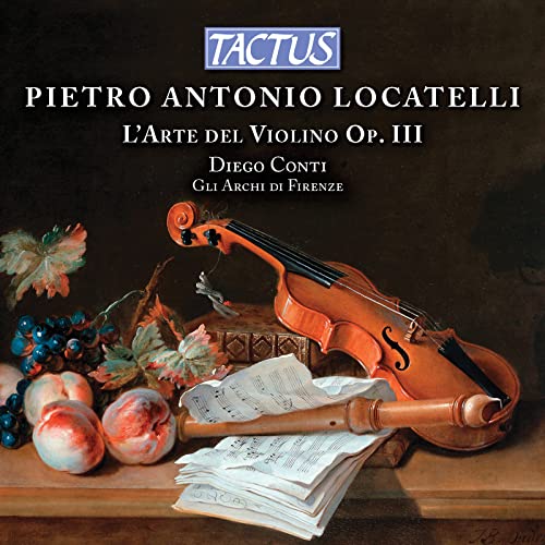 CD cover featuring a violin, fruit, sheet music, and a book.
