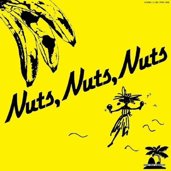 Yellow album cover with black banana illustration and stylized text "Nuts, Nuts, Nuts".