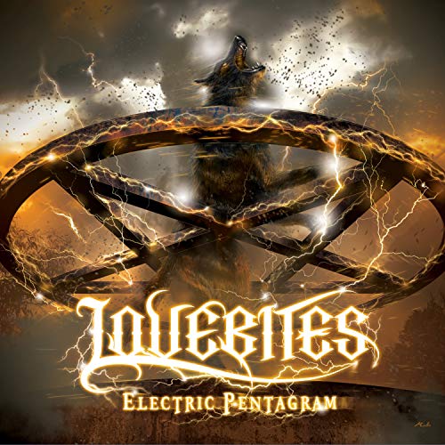 CD cover: wolf head within a glowing electric pentagram against stormy sky.