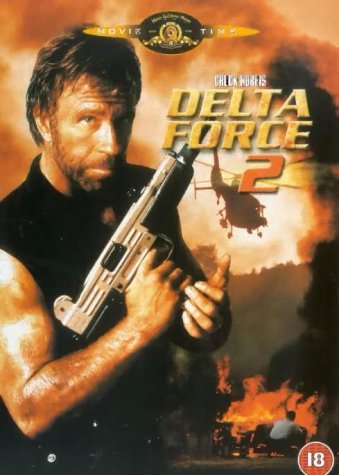 Chuck Norris holding a gun on the cover of the Delta Force 2 DVD.