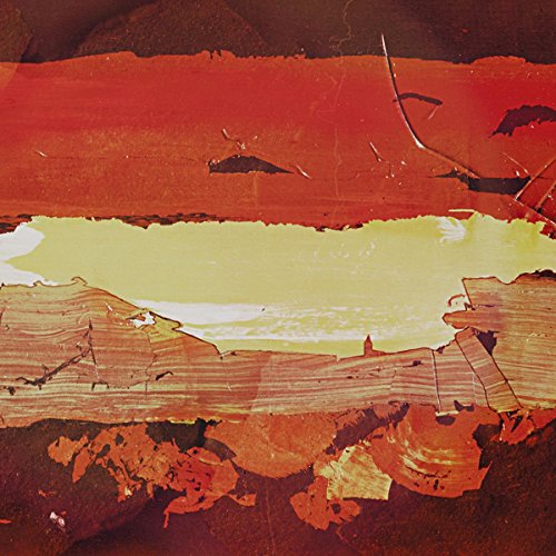 Abstract album cover with red, orange, and yellow textured paint strokes.