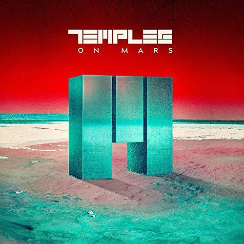 Album cover for Temples on Mars featuring teal monoliths on a beach.
