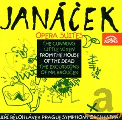 Yellow CD cover for Janáček’s Opera Suites with abstract green drawings.