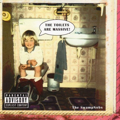 Child sitting on toilet in patterned bathroom, CD cover art.