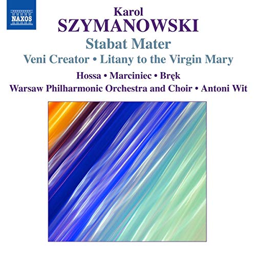 CD cover for Szymanowski’s Stabat Mater with abstract blue and orange art.