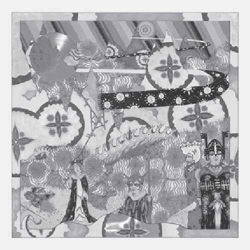 Black and white abstract album art with figures and floral motifs.