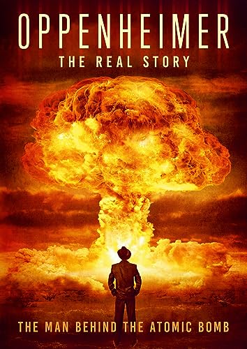 DVD cover for "Oppenheimer" depicting a large atomic explosion and a man.