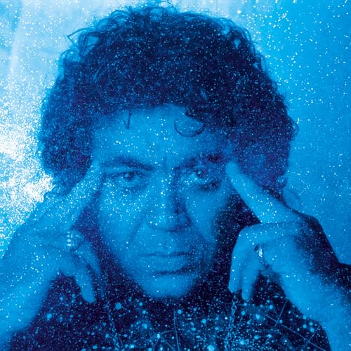 Blue-toned portrait of a man with curly hair, finger to his temple.