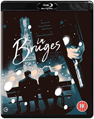 In Bruges" Blu-ray cover with two men, a tower, and a gun.