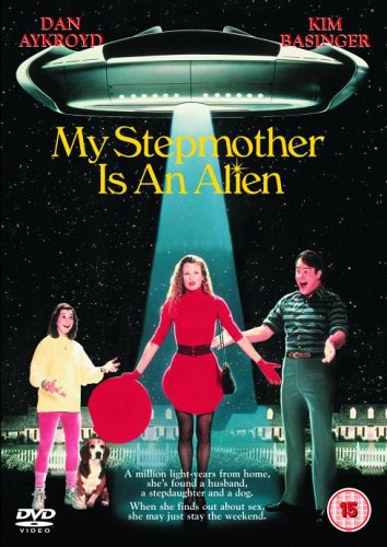 DVD cover for “My Stepmother Is An Alien” featuring a UFO and actors.