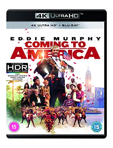 “Coming to America” 4K Blu-ray cover featuring Eddie Murphy in regal attire.