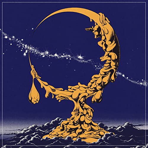 Album cover: Golden, melting crescent moon over dark blue clouds.