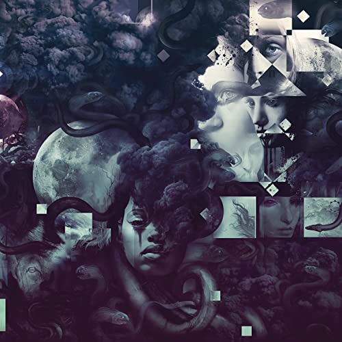 Dark album cover with fragmented faces, snakes, and cloudy, surreal imagery.