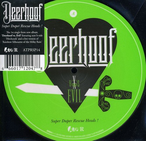 Green vinyl record label for Deerhoof’s “Super Duper Rescue Heads!” featuring a heart and knives.