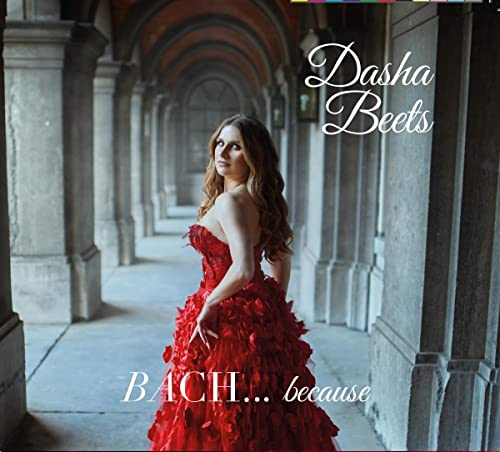 CD cover: Dasha Beets in a red dress, standing in an arcade.