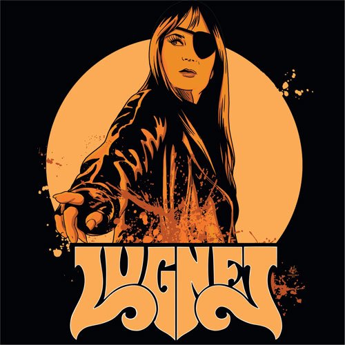 Orange illustration of a woman with an eye patch and stylized text.