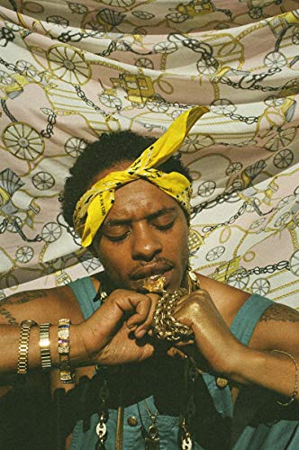 Pink Siifu portrait with gold jewelry, yellow bandana, and patterned backdrop.
